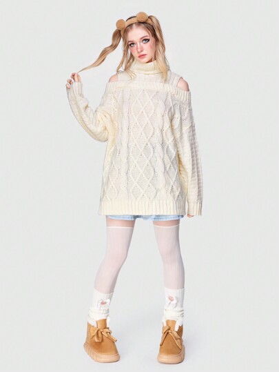 Kawaii Jersey cuello alto de hombros descubiertos tejido de cable