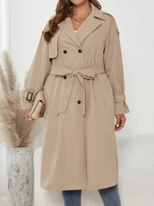 SHEIN Clasi Talla grande Gabardina de doble botonadura - Camel - Ver 4