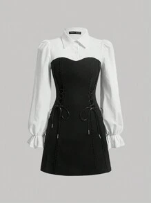 SHEIN MOD 雙色前繫帶荷葉袖洋裝 - 彩色 - 查看 1