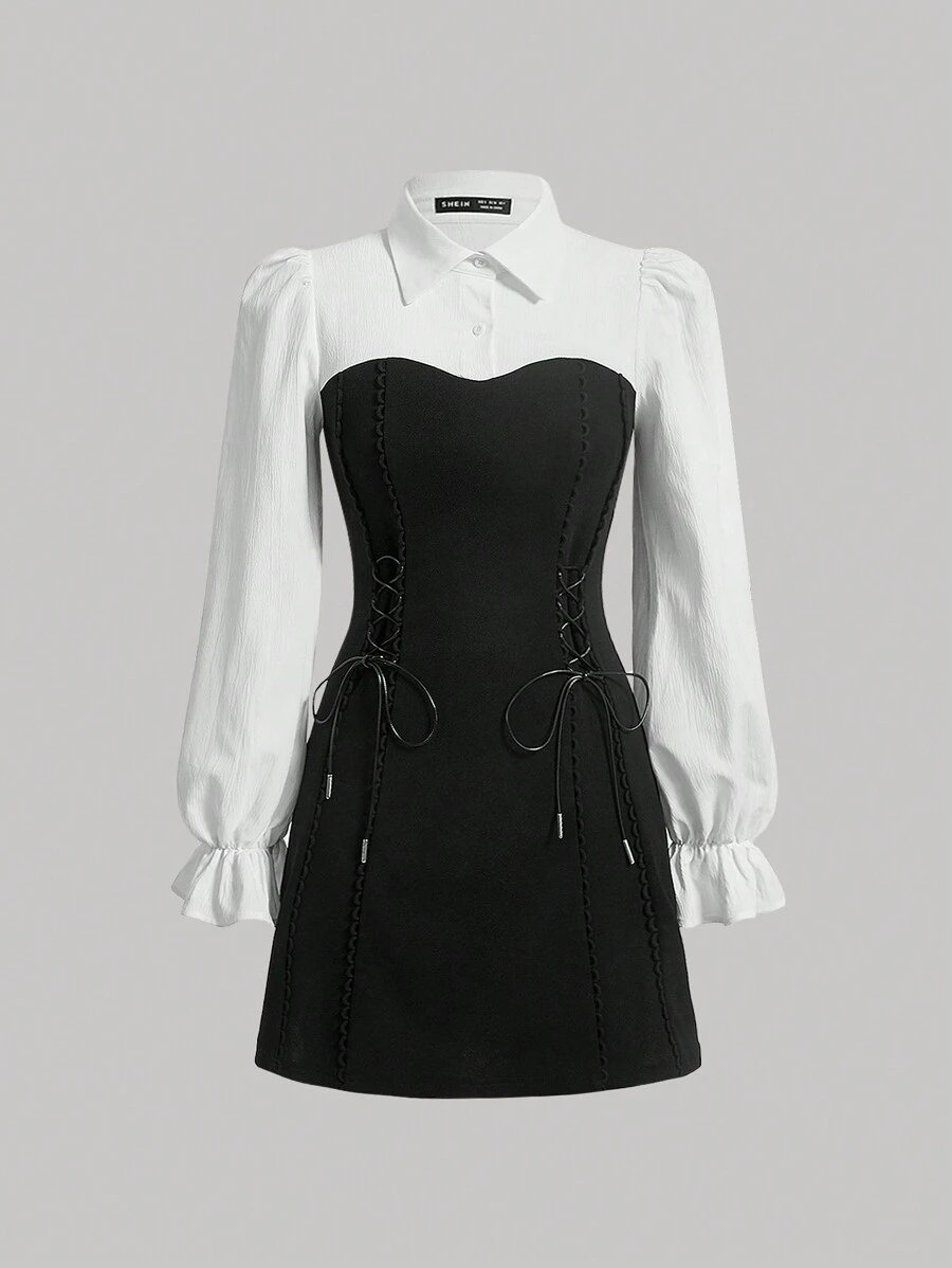 SHEIN MOD 雙色前繫帶荷葉袖洋裝 - 彩色 - 查看 1