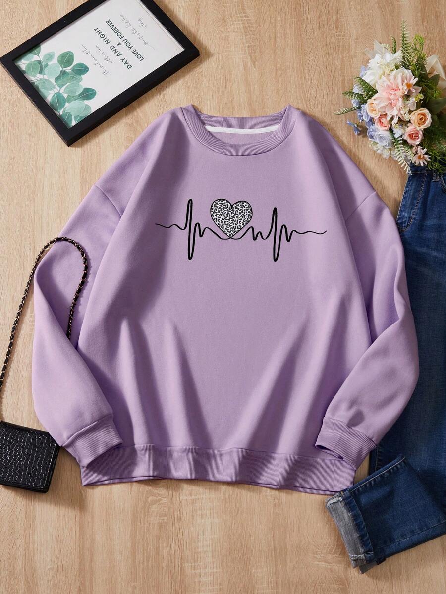 SHEIN EZwear 大碼愛心圖案加絨內裏運動衫 - 紫色 - 查看 1