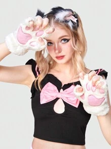 ROMWE Kawaii 1pair Women Paw Design Fuzzy Fingerless Gloves - Multicolor - View 1