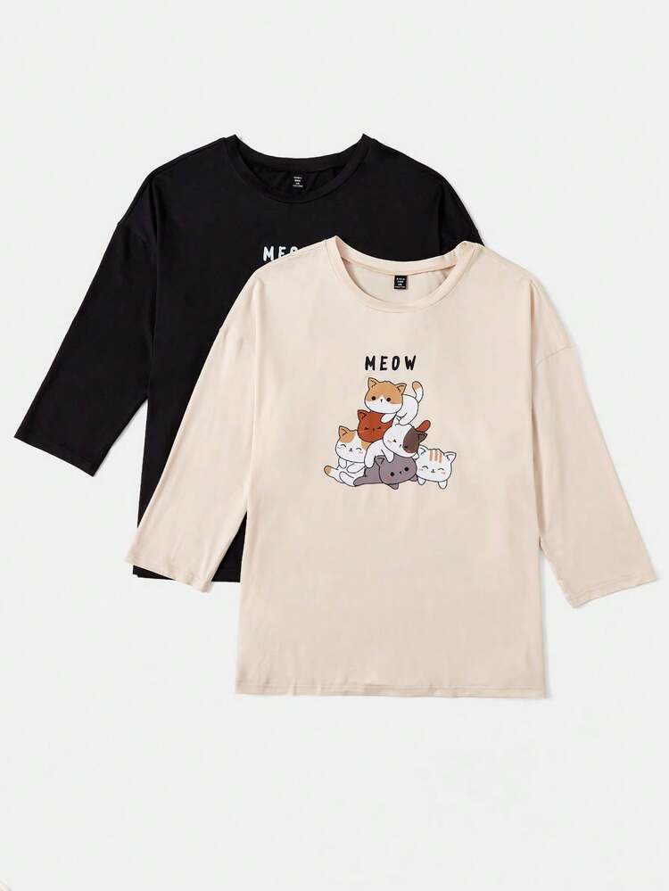 Plus 2pcs Cartoon & Letter Graphic Tee Fall Cloth For Women