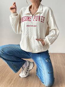 SHEIN EZwear Capucha con bordado de letra 1/4 con bolsillo con cremallera - Albaricoque - Ver 3