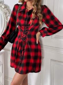 Chiquease Plaid Print Lace Up Front Shirt Dress - Red - View 1