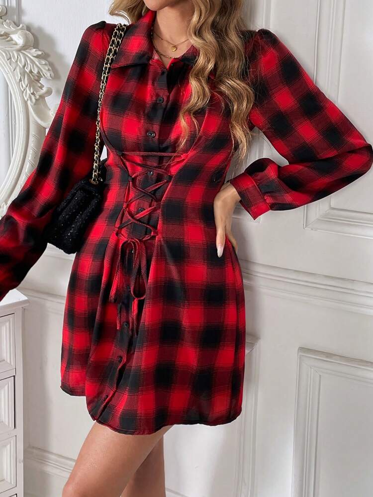 Plaid Print Lace Up Front Shirt Dress