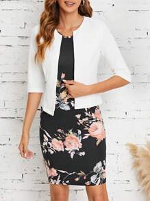 SHEIN Clasi Vestido tank con estampado floral & Cazadora con parte delantera abierta - Blanco y Negro - Ver 1