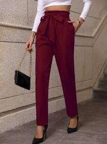 SHEIN Privé Nếp gấp cao eo Thắt lưng Quần - Màu Đỏ Sâu - Xem 1
