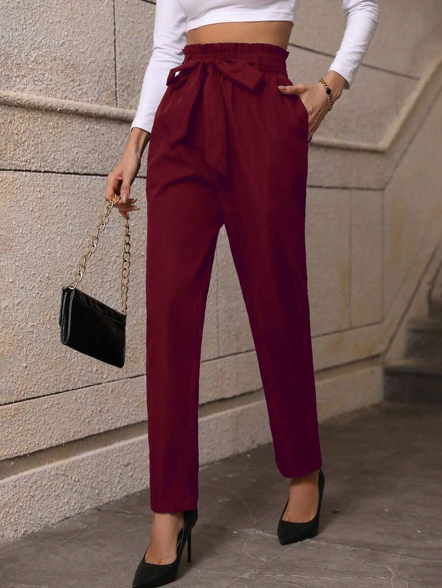 SHEIN Privé Nếp gấp cao eo Thắt lưng Quần - Màu Đỏ Sâu - Xem 1