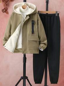 SHEIN Tween Boy 1pc Flap Pocket Thermal Lined Hooded Jacket & 1pc Sweatpants - Khaki - View 1