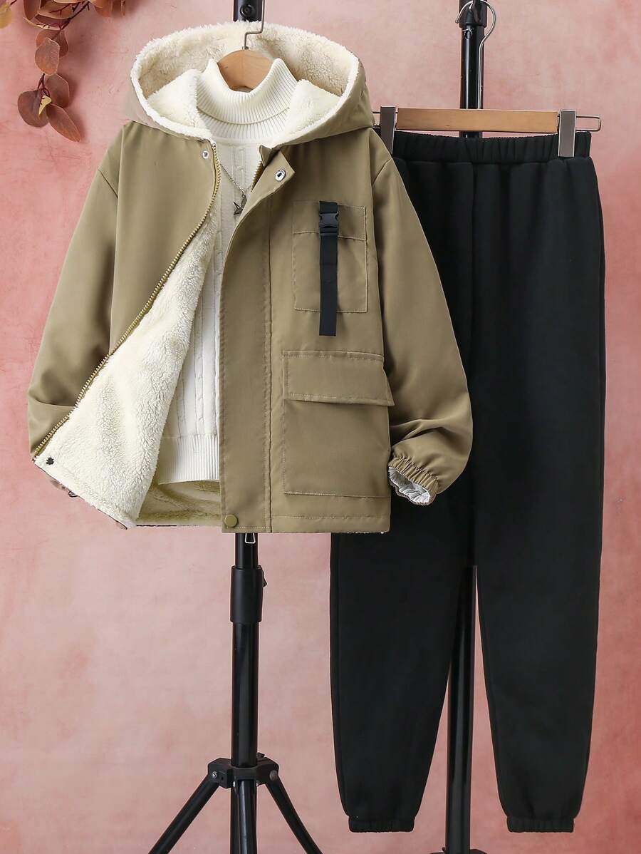 SHEIN Tween Boy 1pc Flap Pocket Thermal Lined Hooded Jacket & 1pc Sweatpants - Khaki - View 1