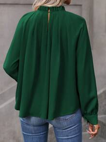 SHEIN Clasi Cổ diềm Lỗ khóa trở lại Tay Raglan Áo sơ mi - màu xanh lá - Xem 2