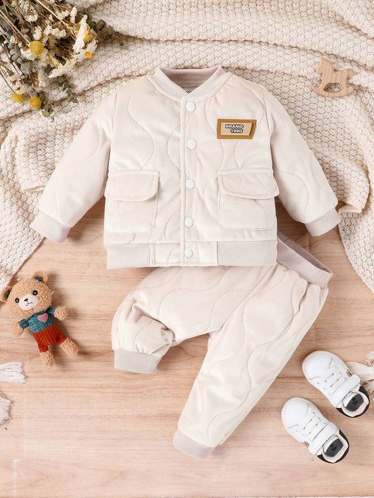 Baby Boy Letter Patched Detail Flap Pocket Bomber Jacket & Sweatpants