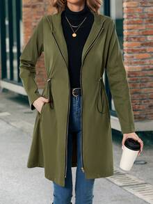 SHEIN Frenchy 拉鏈開襟腰部抽繩連帽外套 - 軍綠色 - 查看 4