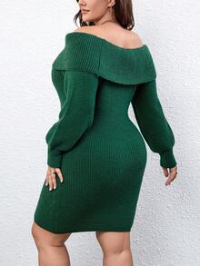 SHEIN Clasi 大碼一字肩燈籠袖毛衣洋裝不附腰帶 - 墨綠色 - 查看 2