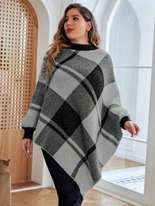 SHEIN LUNE Plus Plaid Pattern Batwing Sleeve Asymmetrical Hem Poncho Sweater - Grey - View 3