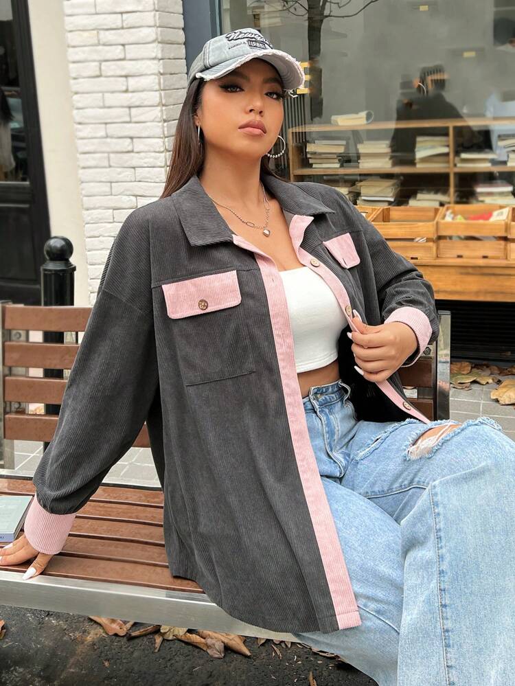 Plus Contrast Trim Drop Shoulder Flap Pocket Coat