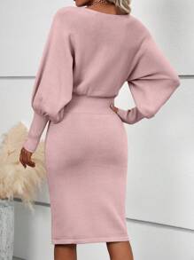 Calvaya Solid Lantern Sleeve Rib Knit Sweater Dress Fall Winter Cloth For Women