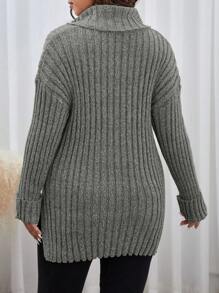 SHEIN Frenchy 大碼前拉鍊落肩袖下擺開叉套頭毛衣 - 黑色 - 查看 2
