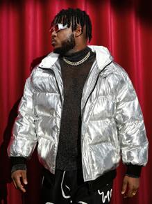 Manfinity VCAY Oversized Men Plus Size Silver Metallic Zip-Up Hooded Padded Coat