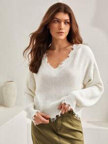 Bohemela Drop Shoulder Distressed Trim Sweater - Beige - View 3