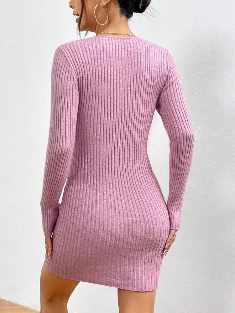 Drawstring Front Ribbed Knit Sweater Dress