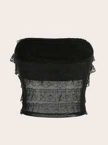 Sweetina Top tubo crop con encaje en contraste - Negro - Ver 2