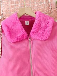 SHEIN Cô gái Tween Cổ áo Borg Dây kéo Áo khoác & Váy Denim - Màu Hồng Tươi - Xem 4