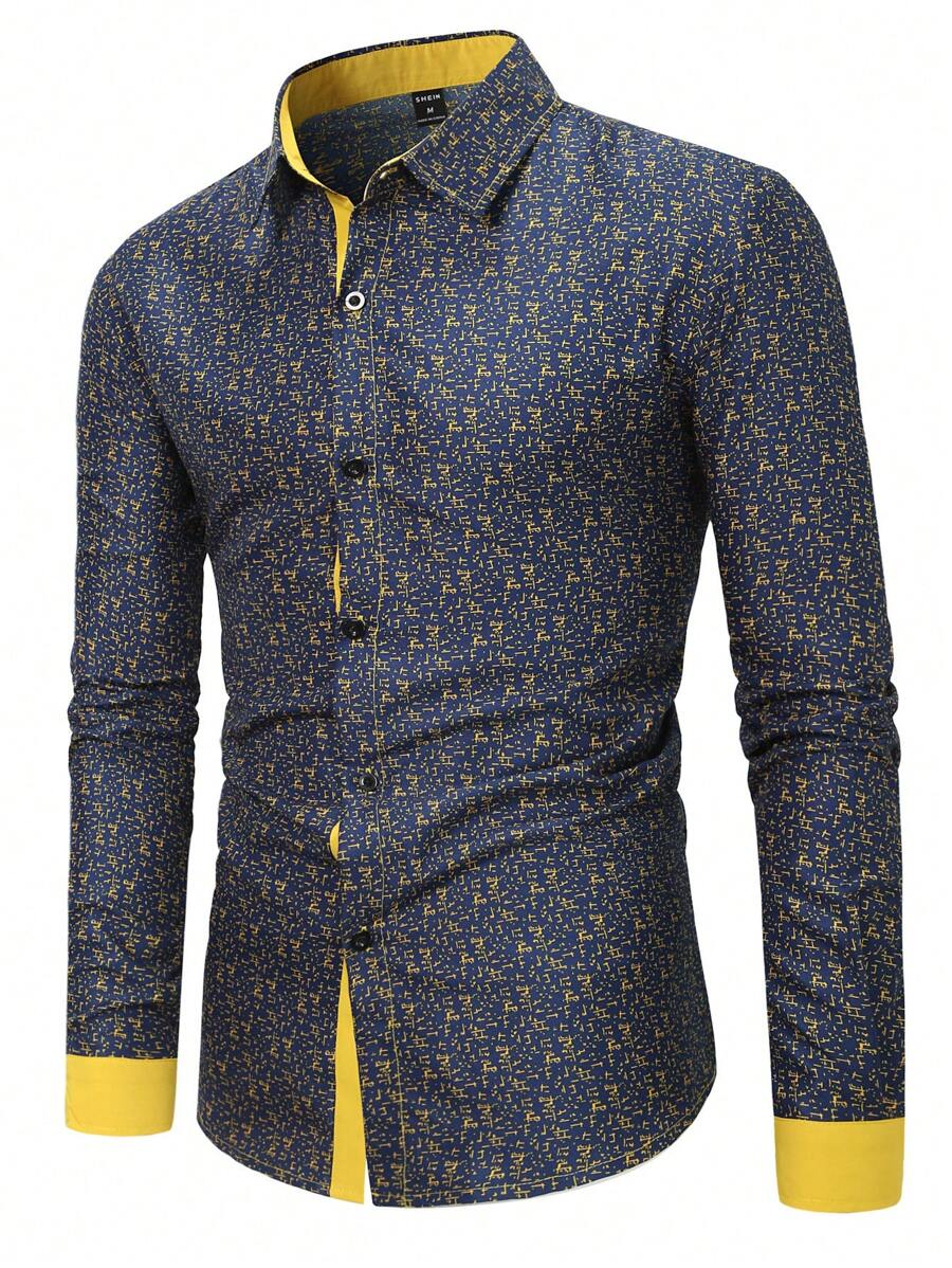 Manfinity Homme Men's Full Print Long Sleeve Shirt - Navy Blue - View 1