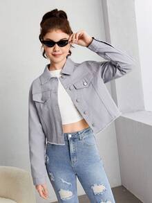 SHEIN 青少年女孩字母和車圖案牛仔夾克 - 灰色 - 查看 2