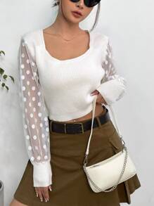 SHEIN Unity Crop Pullover mit Kontrast Dobby-Mesh, U-Ausschnitt,