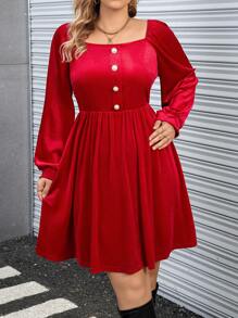 Calvaya Plus Square Neck Lantern Sleeve Half Button Dress - Red - View 4
