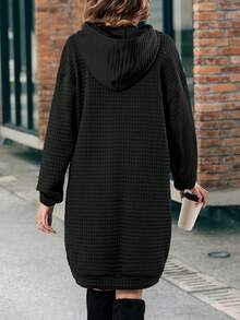 SHEIN LUNE Vestido con capucha con bolsillo de canguro de hombros caídos con cordón - Negro - Ver 2