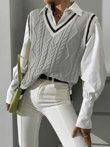 Chiquease Striped Trim Cable Knit Sweater Vest Without Blouse - Multicolor - View 5