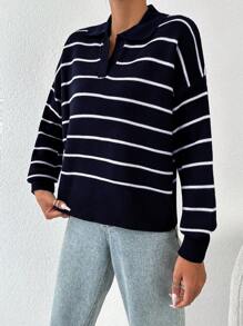 EURMUSE Striped Pattern Drop Shoulder Sweater - Navy Blue - View 3