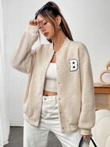 SHEIN Unity 字母貼布落肩袖絨毛飛行員夾克 - 米色 - 查看 4
