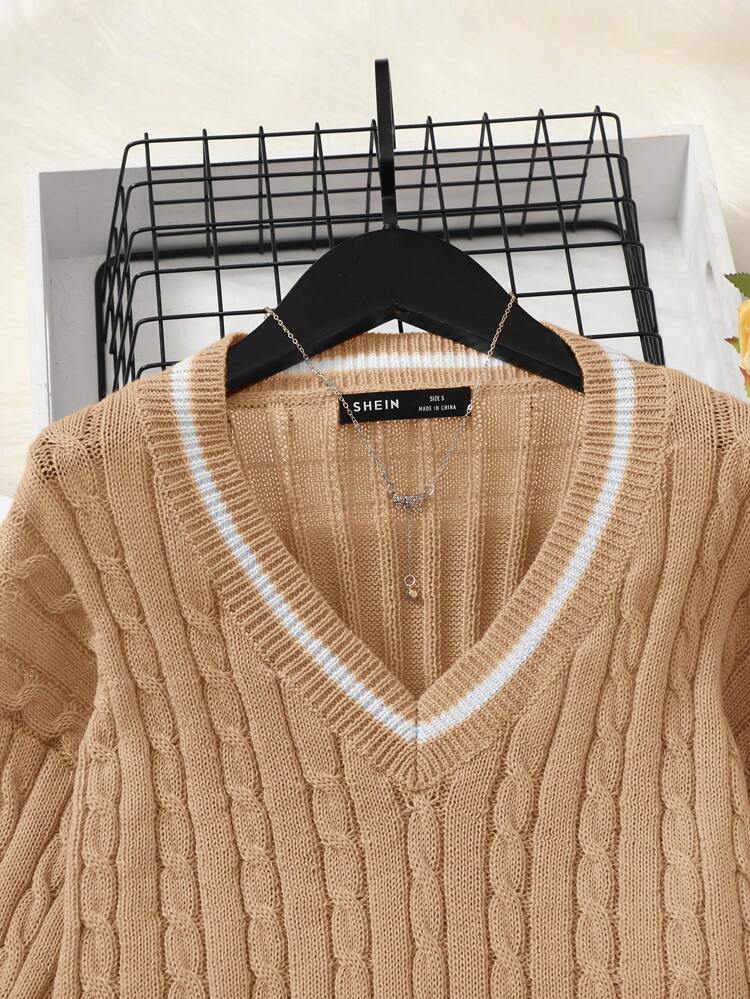 Teen Girl Striped Trim Cable Knit Drop Shoulder Sweater