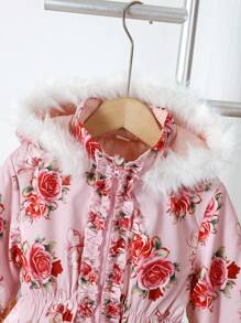 SHEIN Áo khoác độn có mũ trùm đầu in hoa cho cô gái trẻ - Hồng - Xem 4