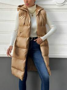 SHEIN Cottnline Zip Up Drawstring Hooded Puffer Vest Coat - Camel - View 1