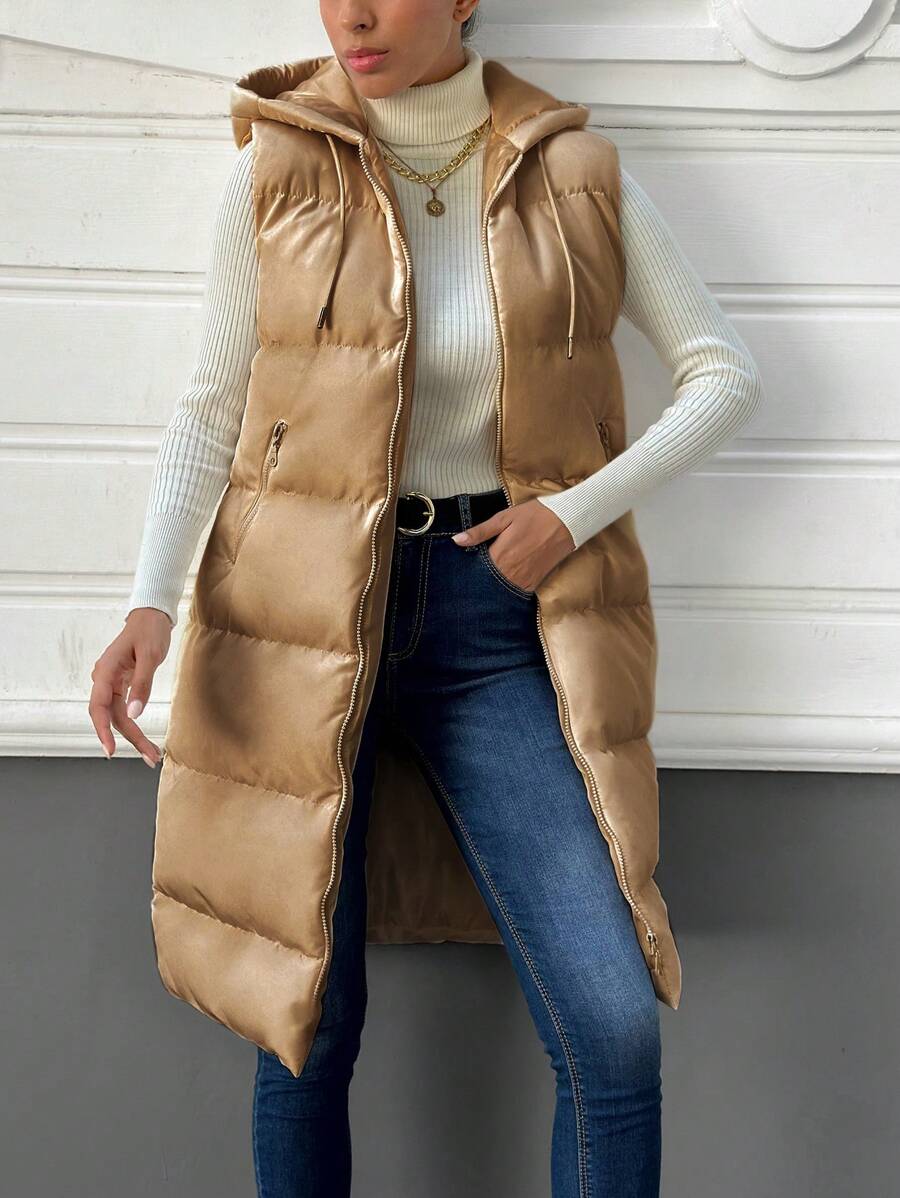 SHEIN Cottnline Zip Up Drawstring Hooded Puffer Vest Coat - Camel - View 1