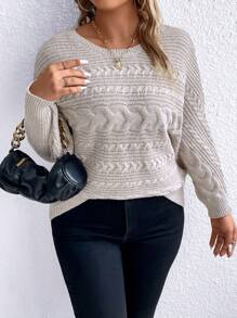 Celure 大碼麻花編織蝙蝠袖套頭毛衣 - 杏色 - 查看 1