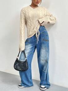 SHEIN Unity 麻花针织抽绳下摆落肩套头毛衣秋冬款 - 卡其色 - 查看 3