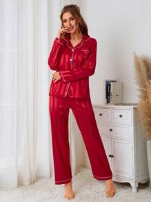 Striped Contrast Binding Satin PJ Set / Pajama Set, Fall Winter Clothes Cozy And Elegant Details - Red - View 5