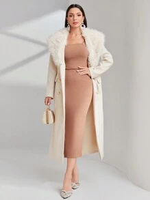 Modelyn Borg Collar Double Breasted Overcoat - Beige - View 4
