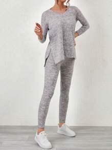 EURMUSE Gray Split T-shirt And Leggings Two-piece Set - Grey - View 4
