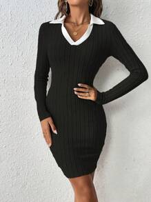 SHEIN Frenchy Contrast Collar Ribbed Knit Bodycon Dress - Black - View 6