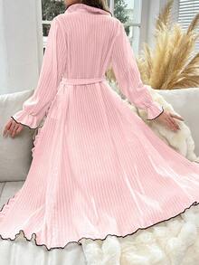 Ruffle Trim Flounce Sleeve Belted Robe - Pink - View 2