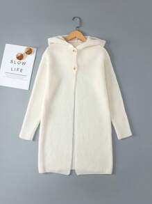 Teen Girl Button Front Hooded Cardigan - Beige - View 1