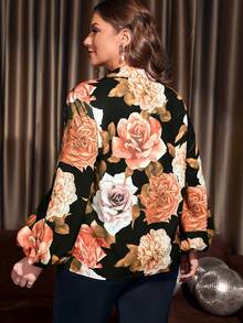 EMERY ROSE Plus Floral Print Tie Neck Lantern Sleeve Blouse - Multicolor - View 2
