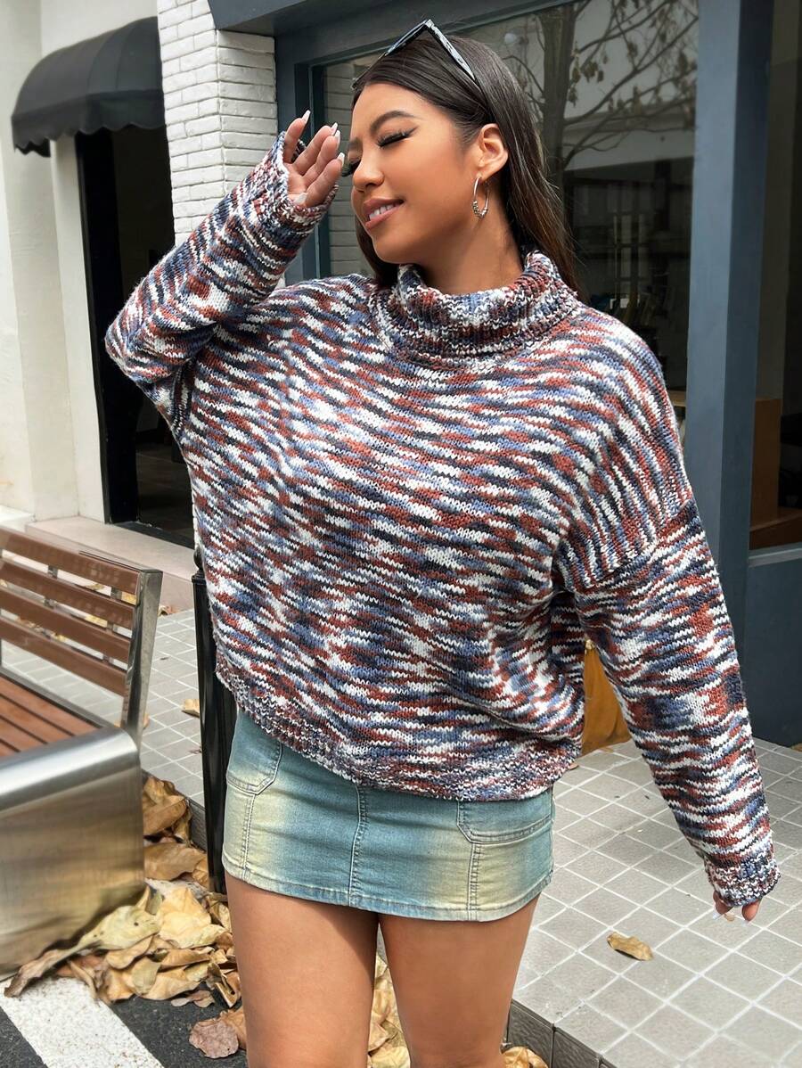 SHEIN EZwear Plus Space Dye Turtleneck Drop Shoulder Sweater - Multicolor - View 1